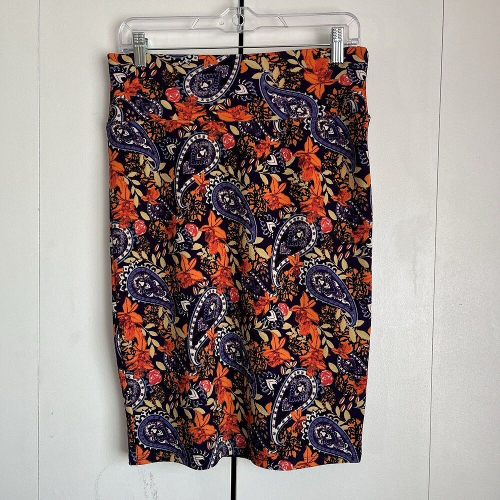LuLaRoe Cassie Pencil Skirt Size S Purple Paisley Floral Orange Pull On Stretch